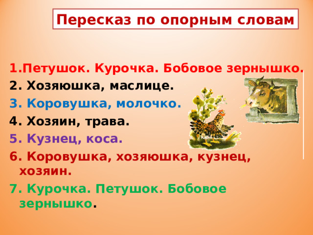 Пересказ по опорным словам 1.Петушок. Курочка. Бобовое зернышко. 2. Хозяюшка, маслице. 3. Коровушка, молочко. 4. Хозяин, трава. 5. Кузнец, коса. 6. Коровушка, хозяюшка, кузнец, хозяин. 7. Курочка. Петушок. Бобовое зернышко .   