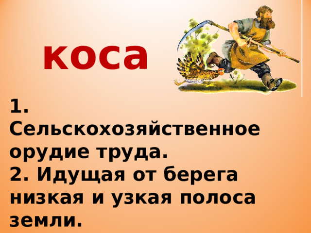 коса 1. Сельскохозяйственное орудие труда. 2. Идущая от берега низкая и узкая полоса земли. 3. Сплетённые длинные пряди волос. 