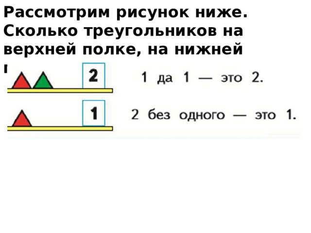 Рассмотрим рисунок ниже. Сколько треугольников на верхней полке, на нижней полке? 