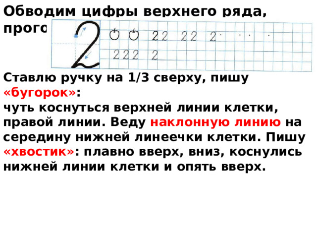 Обводим цифры верхнего ряда, проговариваем хором.   Ставлю ручку на 1/3 сверху, пишу «бугорок» : чуть коснуться верхней линии клетки, правой линии. Веду наклонную линию на середину нижней линеечки клетки. Пишу «хвостик» : плавно вверх, вниз, коснулись нижней линии клетки и опять вверх.  