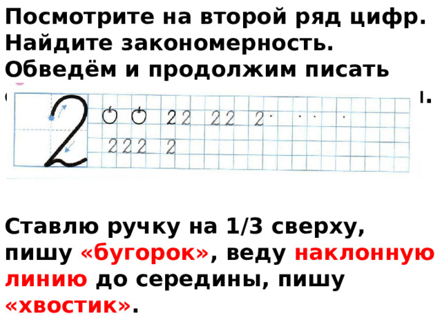 Посмотрите на второй ряд цифр. Найдите закономерность. Обведём и продолжим писать самостоятельно до конца строки.     Ставлю ручку на 1/3 сверху, пишу «бугорок» , веду наклонную линию до середины, пишу «хвостик» .  