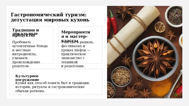 Гастрономический туризм: дегустация мировых кухонь Мероприятия и мастер-классы Традиции и локальные продукты   Пробовать аутентичные блюда и местные ингредиенты, узнавать происхождение рецептов. Участие в рынках, фестивалях и уроках шефов — практическое знакомство с техникой и рецептами. Культурное погружение Кухня как способ понять быт и традиции: истории, ритуалы и гастрономические обычаи региона. 