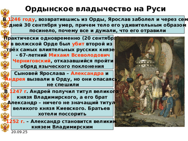 Ордынское владычество на Руси В 1246 году , возвратившись из Орды, Ярослав заболел и через семь дней 30 сентября умер, причем тело его удивительным образом посинело, почему все и думали, что его отравили Практически одновременно (20 сентября) в волжской Орде был убит второй из трёх самых влиятельных русских князей   - 67-летний Михаил Всеволодович  Черниговский , отказавшийся пройти  обряд языческого поклонения  Сыновей Ярослава – Александра и Андрея вызвали в Орду, но они опасаясь,  не спешили В 1247 г . Андрей получил титул великого князя Владимирского, а его брат Александр – ничего не значащий титул великого князя Киевского. Братьев хотели поссорить 1252 г. – Александр становится великим князем Владимирским 20.09.25 