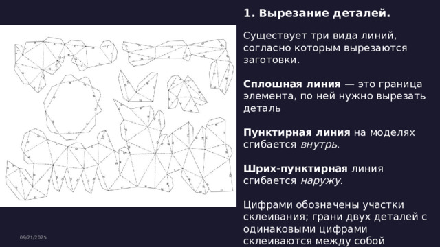 1. Вырезание деталей. Существует три вида линий, согласно которым вырезаются заготовки. Сплошная линия — это граница элемента, по ней нужно вырезать деталь Пунктирная линия на моделях сгибается внутрь . Шрих-пунктирная линия сгибается наружу . Цифрами обозначены участки склеивания; грани двух деталей с одинаковыми цифрами склеиваются между собой 09/21/2025 