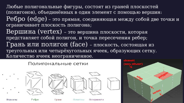 Любые полигональные фигуры, состоят из граней плоскостей (полигонов), объединённых в один элемент с помощью вершин: Ребро (edge) – это прямая, соединяющая между собой две точки и ограничивает плоскость полигона; Вершина (vertex) – это вершина плоскости, которая представляет собой полигон, и точка пересечения ребер; Грань или полигон (face) – плоскость, состоящая из треугольных или четырёхугольных ячеек, образующих сетку. Количество ячеек неограниченное. Вторник, 2 февраля 20XX г. Образец текста нижнего колонтитула  