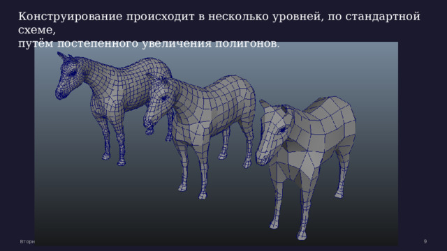 Конструирование происходит в несколько уровней, по стандартной схеме, путём постепенного увеличения полигонов . Вторник, 2 февраля 20XX г. Образец текста нижнего колонтитула  