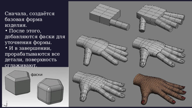 Сначала, создаётся базовая форма изделия.  После этого, добавляются фаски для уточнения формы.  И в завершении, прорабатываются все детали, поверхность сглаживают. фаски Вторник, 2 февраля 20XX г. Образец текста нижнего колонтитула  
