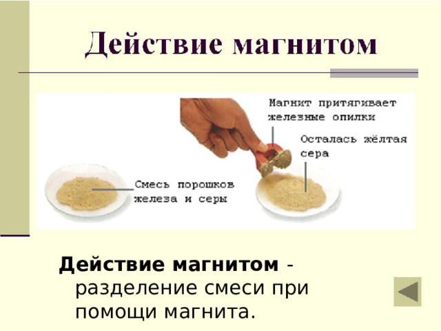 Действие магнитом - разделение смеси при помощи магнита. 