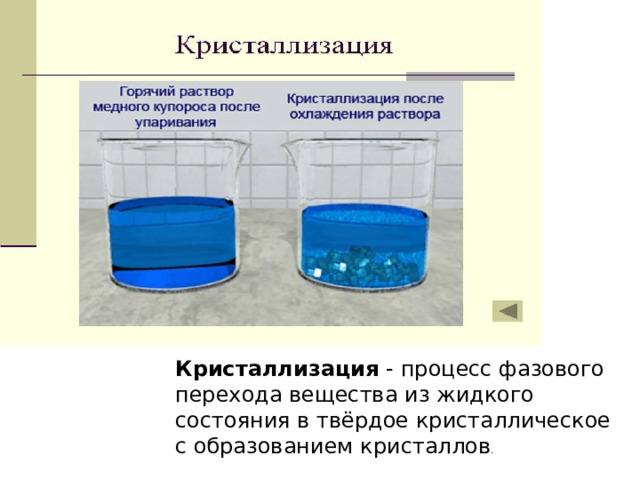 Кристаллизация - процесс фазового перехода вещества из жидкого состояния в твёрдое кристаллическое с образованием кристаллов . 
