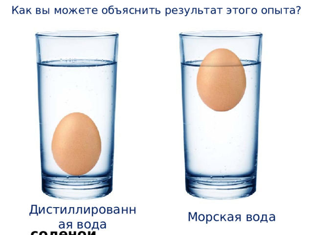Как вы можете объяснить результат этого опыта? Поскольку плотность соленой  воды выше, тела тонущие  в  пресной  воде , могут плавать  в  соленой , если их плотность р больше плотности пресной  воды , но меньше плотности соленой Дистиллированная вода Морская вода 
