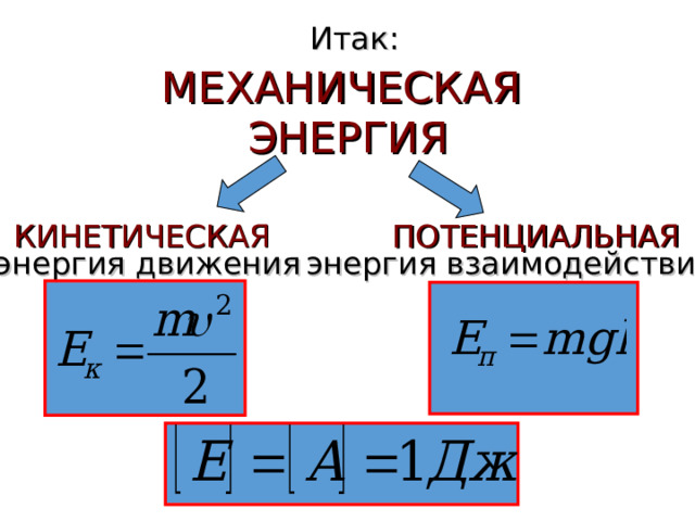 Итак : МЕХАНИЧЕСКАЯ  ЭНЕРГИЯ ПОТЕНЦИАЛЬНАЯ КИНЕТИЧЕСКАЯ энергия движения энергия взаимодействия 