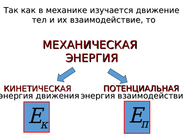 Так как в механике изучается движение тел и их взаимодействие, то МЕХАНИЧЕСКАЯ  ЭНЕРГИЯ ПОТЕНЦИАЛЬНАЯ КИНЕТИЧЕСКАЯ энергия движения энергия взаимодействия 