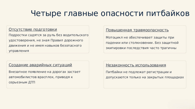 Четыре главные опасности питбайков Отсутствие подготовки Повышенная травмоопасность Подростки садятся за руль без водительского удостоверения, не зная Правил дорожного движения и не имея навыков безопасного управления Мотоцикл не обеспечивает защиты при падении или столкновении. Без защитной экипировки последствия часто трагичны Создание аварийных ситуаций Незаконность использования Внезапное появление на дорогах застает автомобилистов врасплох, приводя к серьезным ДТП Питбайки не подлежат регистрации и допускаются только на закрытых площадках 