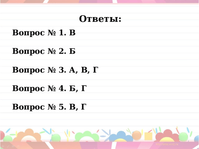 Ответы: Вопрос № 1. В Вопрос № 2. Б  Вопрос № 3. А, В, Г  Вопрос № 4. Б, Г  Вопрос № 5. В, Г  