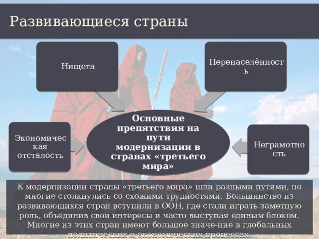 Развивающиеся страны Нищета Перенаселённость Основные препятствия на пути модернизации в странах «третьего мира» Экономическая отсталость Неграмотность К модернизации страны «третьего мира» шли разными путями, но многие столкнулись со схожими трудностями. Большинство из развивающихся стран вступили в ООН, где стали играть заметную роль, объединив свои интересы и часто выступая единым блоком. Многие из этих стран имеют большое значе-ние в глобальных политических и экономических процессах. 
