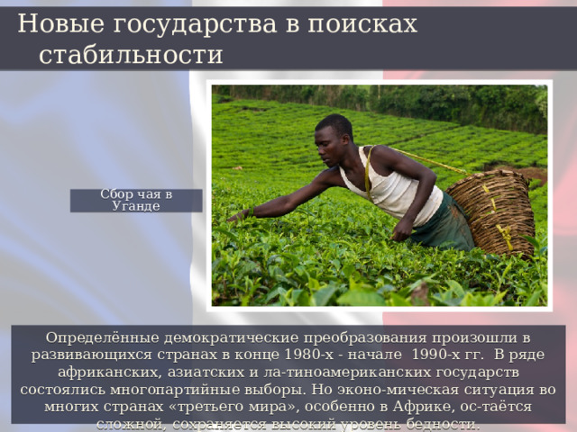 Новые государства в поисках стабильности Сбор чая в Уганде Определённые демократические преобразования произошли в развивающихся странах в конце 1980-х - начале 1990-х гг. В ряде африканских, азиатских и ла-тиноамериканских государств состоялись многопартийные выборы. Но эконо-мическая ситуация во многих странах «третьего мира», особенно в Африке, ос-таётся сложной, сохраняется высокий уровень бедности. 