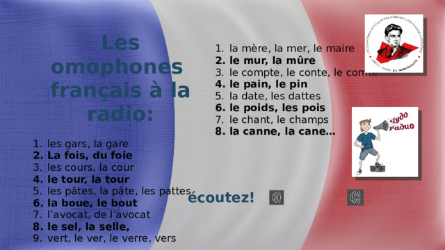Les omophones français à la radio: la mère, la mer, le maire le mur, la mûre le compte, le conte, le comte le pain, le pin la date, les dattes le poids, les pois le chant, le champs la canne, la cane… les gars, la gare La fois, du foie les cours, la cour le tour, la tour les pâtes, la pâte, les pattes la boue, le bout l’avocat, de l’avocat le sel, la selle, vert, le ver, le verre, vers écoutez! 