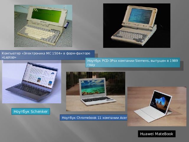 Компьютер «Электроника МС 1504» в форм-факторе «Laptop» Ноутбук PCD-3Psx компании Siemens, выпущен в 1989 году Ноутбук Schenker Ноутбук Chromebook 11 компании Acer Huawei MateBook 