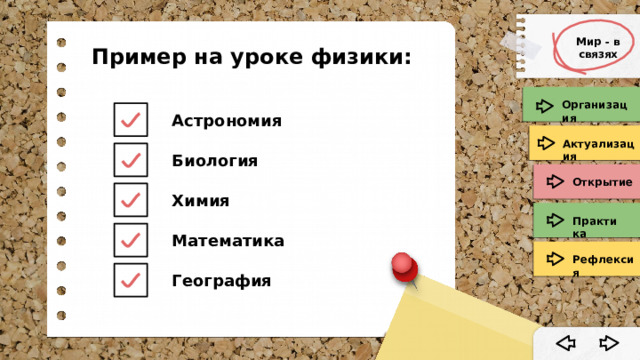 Мир - в связях Пример на уроке физики: Организация Астрономия Актуализация Биология Открытие Химия Практика Математика Рефлексия География 