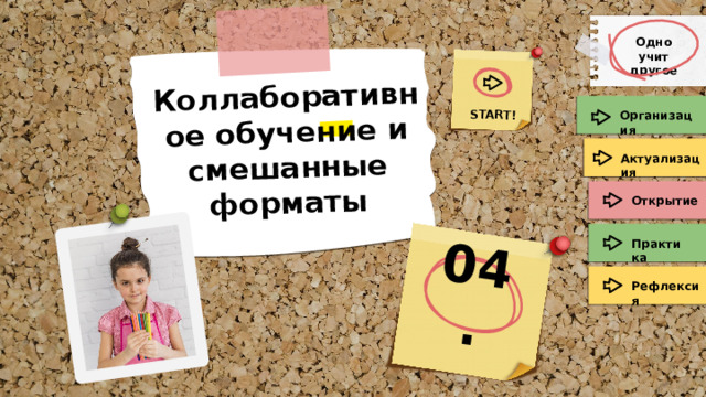 Коллаборативное обучение и смешанные форматы   START! 04. Одно учит другое Организация Актуализация Открытие Практика Рефлексия 