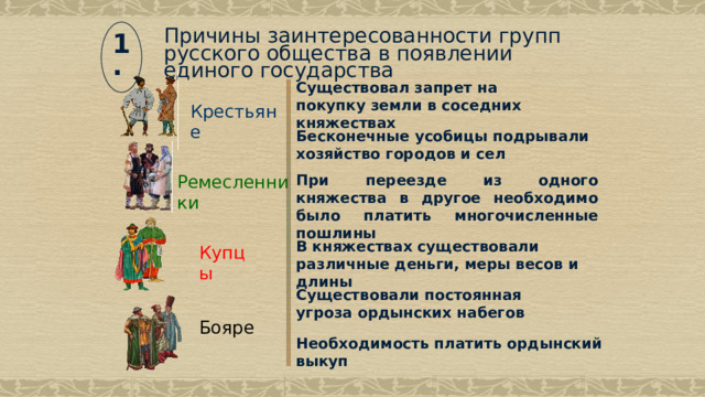 1. Причины заинтересованности групп русского общества в появлении единого государства Существовал запрет на покупку земли в соседних княжествах Крестьяне Бесконечные усобицы подрывали хозяйство городов и сел Ремесленники При переезде из одного княжества в другое необходимо было платить многочисленные пошлины В княжествах существовали различные деньги, меры весов и длины Купцы Существовали постоянная угроза ордынских набегов Бояре Необходимость платить ордынский выкуп 