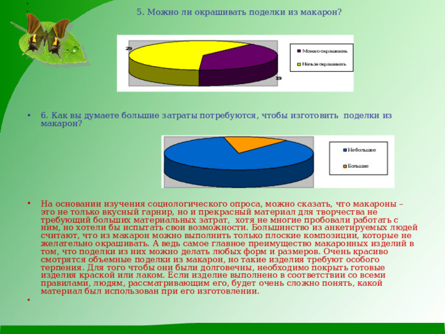  5. Можно ли окрашивать поделки из макарон? 6. Как вы думаете большие затраты потребуются, чтобы изготовить поделки из макарон?    На основании изучения социологического опроса, можно сказать, что макароны – это не только вкусный гарнир, но и прекрасный материал для творчества не требующий больших материальных затрат, хотя не многие пробовали работать с ним, но хотели бы испытать свои возможности. Большинство из анкетируемых людей считают, что из макарон можно выполнить только плоские композиции, которые не желательно окрашивать. А ведь самое главное преимущество макаронных изделий в том, что поделки из них можно делать любых форм и размеров. Очень красиво смотрятся объемные поделки из макарон, но такие изделия требуют особого терпения. Для того чтобы они были долговечны, необходимо покрыть готовые изделия краской или лаком. Если изделие выполнено в соответствии со всеми правилами, людям, рассматривающим его, будет очень сложно понять, какой материал был использован при его изготовлении. 