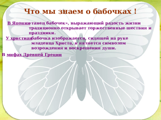Что мы знаем о бабочках ! В Японии «танец бабочек», выражающий радость жизни традиционно открывает торжественные шествия и праздники. У христиан бабочка изображается, сидящей на руке младенца Христа, и является символом возрождения и воскрешения души. Последовательность работы: В мифах Древней Греции  