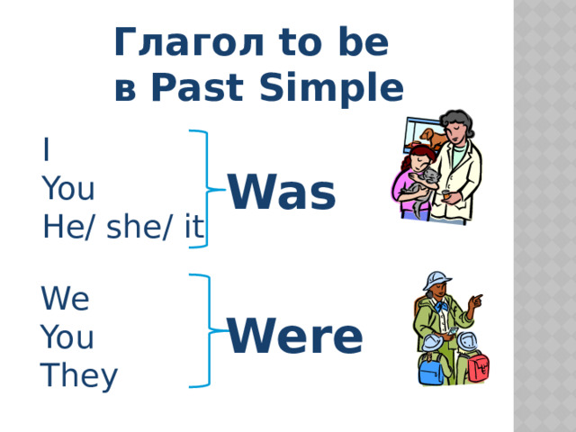 Глагол to be  в Past Simple I You He/ she/ it Was We You They Were 