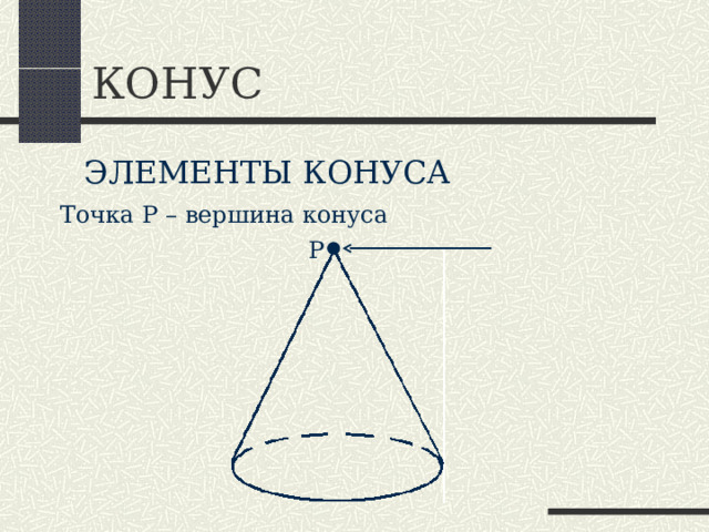 КОНУС ЭЛЕМЕНТЫ КОНУСА Точка Р – вершина конуса Р 