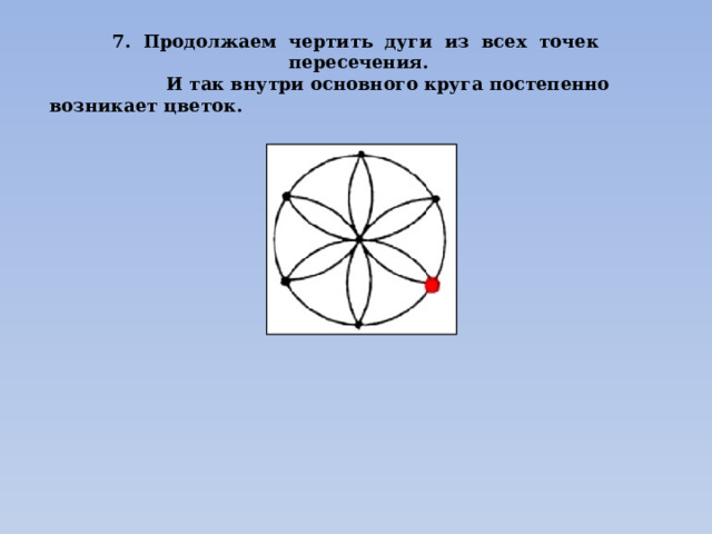 7. Продолжаем чертить дуги из всех точек пересечения.  И так внутри основного круга постепенно возникает цветок. 