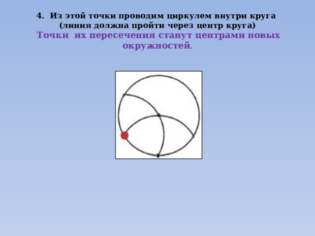 4. Из этой точки проводим циркулем внутри круга (линия должна пройти через центр круга)  Точки их пересечения станут центрами новых окружностей . 