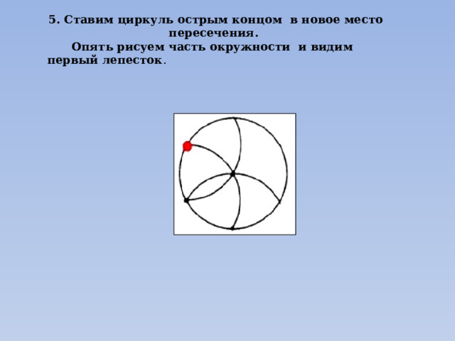 5. Ставим циркуль острым концом в новое место пересечения.  Опять рисуем часть окружности и видим первый лепесток .  