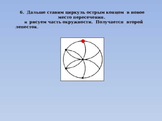 6. Дальше ставим циркуль острым концом в новое место пересечения.  и рисуем часть окружности. Получается второй лепесток . 