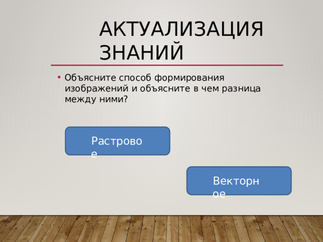 Актуализация  знаний Объясните  способ  формирования изображений  и  объясните  в  чем  разница между  ними? Растровое Векторное 2 