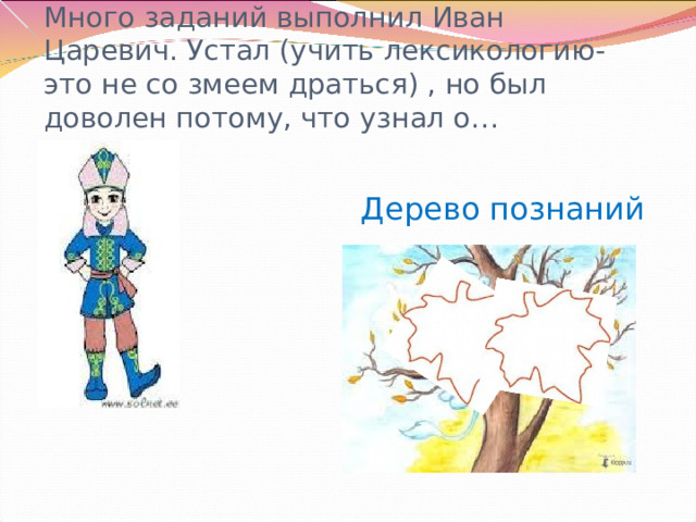 Много заданий выполнил Иван Царевич. Устал (учить лексикологию-это не со змеем драться) , но был доволен потому, что узнал о…    Дерево познаний Громова Н.М. 