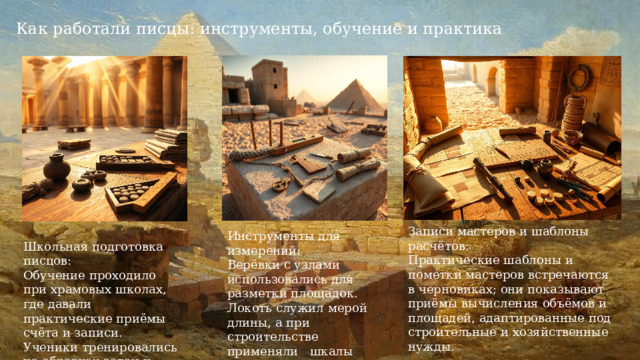 Как работали писцы: инструменты, обучение и практика Записи мастеров и шаблоны расчётов: Практические шаблоны и пометки мастеров встречаются в черновиках; они показывают приёмы вычисления объёмов и площадей, адаптированные под строительные и хозяйственные нужды. Инструменты для измерений:  Верёвки с узлами использовались для разметки площадок. Локоть служил мерой длины, а при строительстве применяли шкалы секеда для наклона граней. Школьная подготовка писцов: Обучение проходило при храмовых школах, где давали практические приёмы счёта и записи. Ученики тренировались на образцах задач и готовых таблицах. 