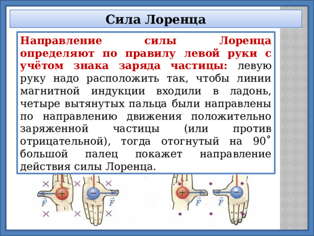 Сила Лоренца Направление силы Лоренца определяют по правилу левой руки с учётом знака заряда частицы: левую руку надо расположить так, чтобы линии магнитной индукции входили в ладонь, четыре вытянутых пальца были направлены по направлению движения положительно заряженной частицы (или против отрицательной), тогда отогнутый на 90˚ большой палец покажет направление действия силы Лоренца. 