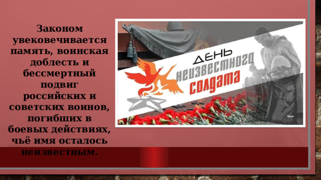 Законом увековечивается память, воинская доблесть и бессмертный подвиг российских и советских воинов, погибших в боевых действиях, чьё имя осталось неизвестным.  