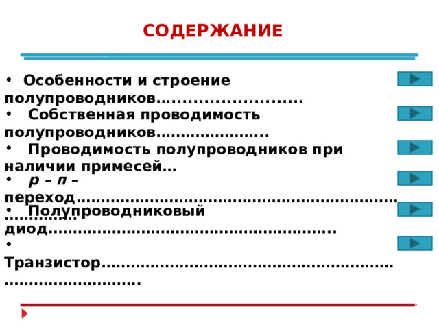 СОДЕРЖАНИЕ  Особенности и строение полупроводников…........................  Собственная проводимость полупроводников…………………..  Проводимость полупроводников при наличии примесей…  р – п – переход………………………………………………………………………  Полупроводниковый диод…………………………………………………..  Транзистор……………………………………………………………………………. 