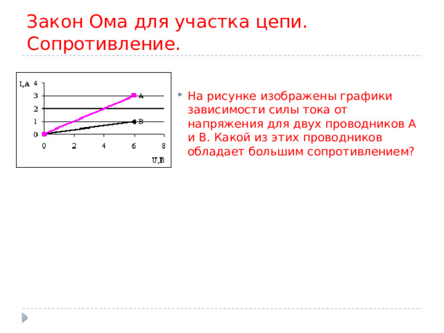 Закон Ома для участка цепи. Сопротивление. На рисунке изображены графики зависимости силы тока от напряжения для двух проводников А и В. Какой из этих проводников обладает большим сопротивлением? 