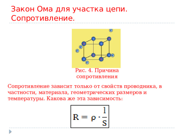 Закон Ома для участка цепи. Сопротивление. Рис. 4. Причина сопротивления Сопротивление зависит только от свойств проводника, в частности, материала, геометрических размеров и температуры. Какова же эта зависимость: 