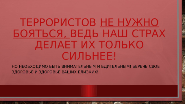 Террористов не нужно бояться, ведь наш страх делает их только сильнее! Но необходимо быть внимательным и бдительным! Беречь свое здоровье и здоровье ваших близких! 