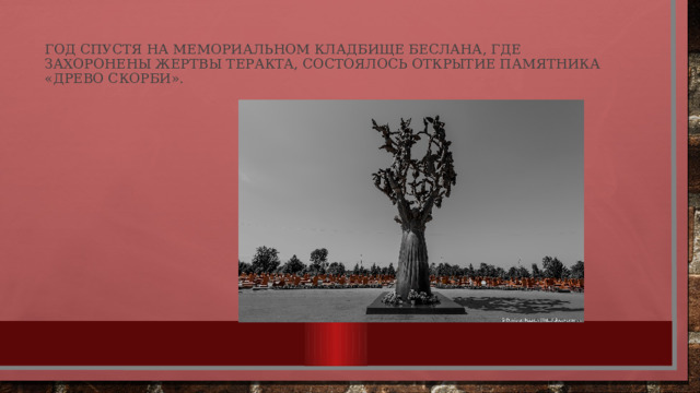 Год спустя на мемориальном кладбище Беслана, где захоронены жертвы теракта, состоялось открытие памятника «Древо скорби».   