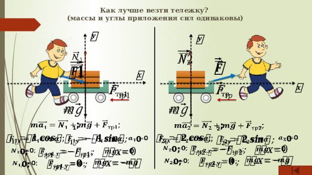 Как лучше везти тележку?  (массы и углы приложения сил одинаковы)       1                   1 ;     2 ;   0         0     0;       0;       0;           0; 