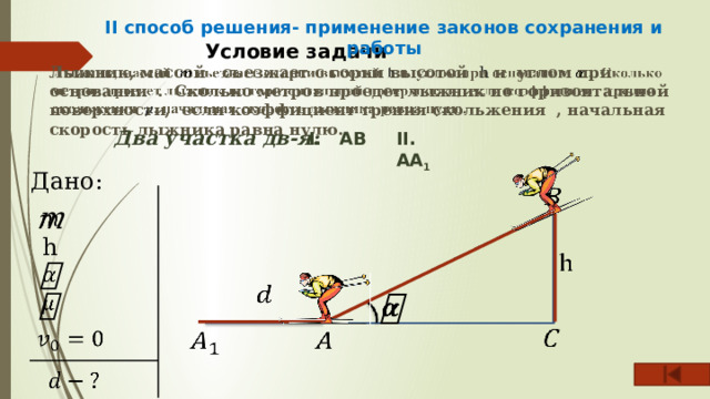 II способ решения- применение законов сохранения и работы Условие задачи Лыжник, массой съезжает с горки высотой h и углом при основании . Сколько метров проедет лыжник по горизонтальной поверхности, если коэффициент трения скольжения , начальная скорость лыжника равна нулю.   Два участка дв-я: II. AA 1 AB Дано:   h           