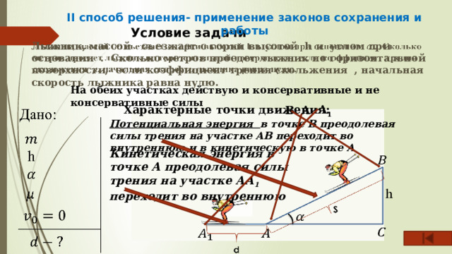 II способ решения- применение законов сохранения и работы Условие задачи Лыжник, массой съезжает с горки высотой h и углом при основании . Сколько метров проедет лыжник по горизонтальной поверхности, если коэффициент трения скольжения , начальная скорость лыжника равна нулю.   На обеих участках действую и консервативные и не консервативные силы Характерные точки движения: А 1 В А Потенциальная энергия в точке В преодолевая силы трения на участке АВ переходит во внутреннюю и в кинетическую в точке А Кинетическая энергия в точке А преодолевая силы трения на участке АА 1 переходит во внутреннюю 
