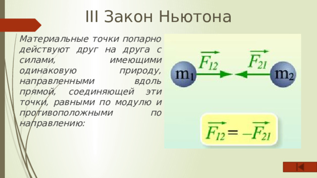 III Закон Ньютона Материальные точки попарно действуют друг на друга с силами, имеющими одинаковую природу, направленными вдоль прямой, соединяющей эти точки, равными по модулю и противоположными по направлению: 