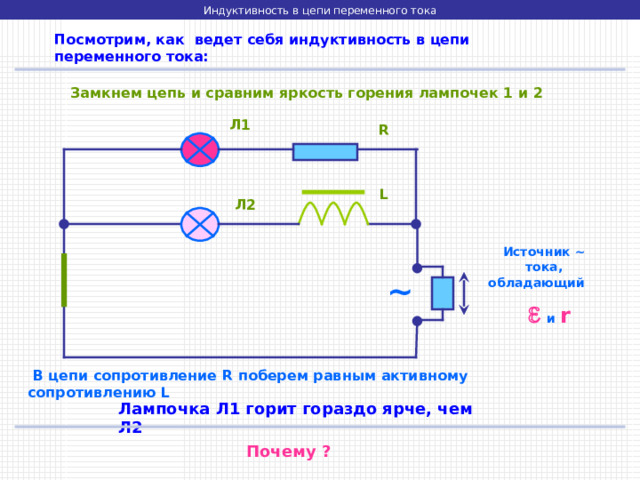 Индуктивность в цепи переменного тока Посмотрим, как ведет себя индуктивность в цепи переменного тока: Замкнем цепь и сравним яркость горения лампочек 1 и 2 Л1 R L Л2 Источник ~ тока,  обладающий     и  r ~  В цепи сопротивление R поберем равным  активному сопротивлению L Лампочка Л1 горит гораздо ярче, чем Л2 Почему ? 