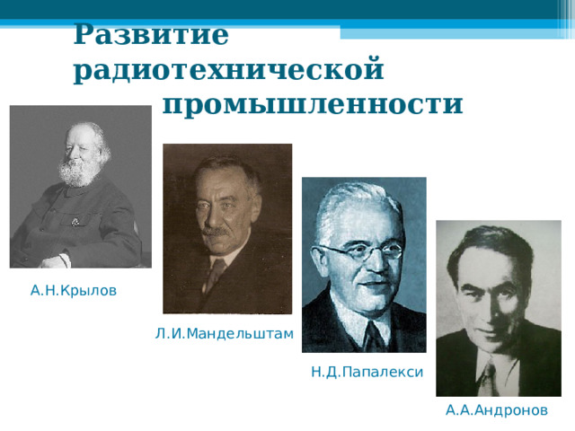 Развитие радиотехнической  промышленности А.Н.Крылов Л.И.Мандельштам Н.Д.Папалекси А.А.Андронов 