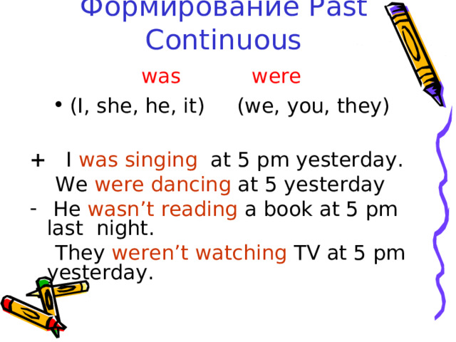 Формирование Past Continuous was were (I, she, he, it) (we, you, they)  +    I was  singing at 5 pm yesterday.  We were  dancing at 5 yesterday  He wasn’t  reading a book at 5 pm last night.  They weren’t  watching TV at 5 pm yesterday. 